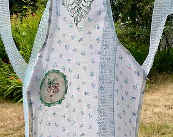 Vintage Bib Women's Cotton Apron with Cherry Pocket, Crochet Trim, Petite/Small