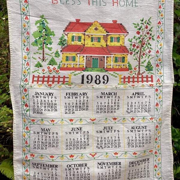 Bless This Home Retro 1989 Vintage Cotton Towel 1989 vintage calendar towel Bless This House Wall hanging Calendar Tea Towel Orange Green