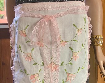 Vintage Gift Womens Embroidered Apron: Upcycled Peach Floral Half Apron