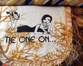 Tie One On. Womens Half Apron: Brown Orange Yellow Fabric with Vintage Trim