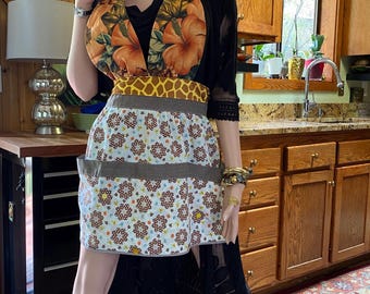 Pin Up Halter Apron: Retro Brown Floral Apron with Pockets Fall styled gifts