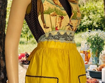 Cabin Sexy Womens Apron: Yellow Cotton Pin-up Retro Design, Reversible