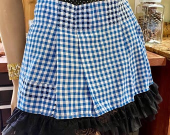 Sexy Short Lacy Apron. Vintage Blue Gingham Apron with Black Ruffle Trim, Handmade