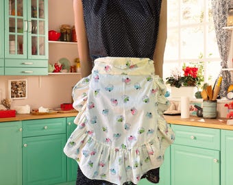 Vintage 50s Cupcake Apron: Ruffled Half Apron, One-of-a-Kind