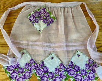 Vintage Lilac Chiffon Half Apron, Hankie Pocket & Purple Roses