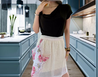 Valentine Gift 50s Chiffon Apron: Sheer Pink Half Apron with Handkerchief Pocket