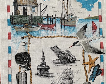 Nautical Vintage linen kitchen towel. Mystic Connecticut souvenir towel