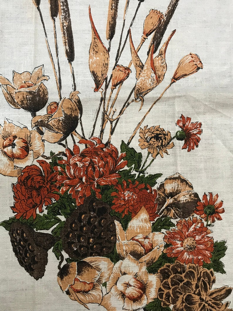 Rustic Vintage towel Linen kitchen towel Rustic Decor USA made Tea towel Brown Orange Floral Fall bouquet in rustic colors Kay Dee Design