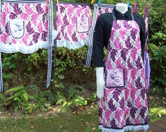 Martini Pocket Apron: Womens Bib Apron. Purple Leaf Print, Vintage Lace