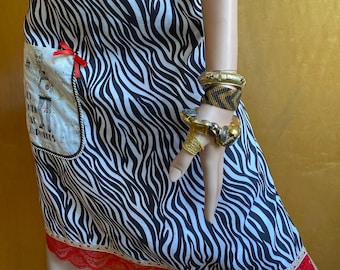 Zebra Bistro Apron: Red Lace, Cupcake Pocket, Polka Dot Ties