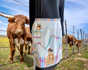 Western apron with sexy cowboy. Cowgirls Country Apron. Vintage half aprons for women. Retro cowboys  Up cycled FUN