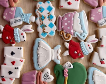 12 Happy Birthday Custom sugar cookies- Onderland first birthday- Alice in Wonderland inspired