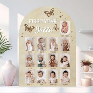 Ein Jahr Fototafel aus Holz, Meilensteintafel, 1. Geburtstagstafel, Dekoration zum 1. Geburtstag, Fotocollage, 12 Monate Fotobanner, Jahresschild