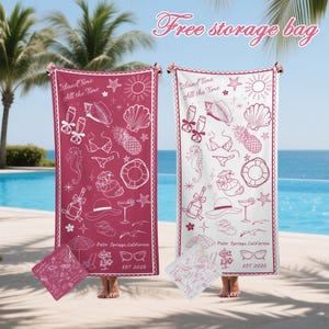 May include: Two beach towels, one burgundy, one white, with a tropical design including seashells, swimwear, and cocktails. The towels have the text "Island Time All the Time" and "Palm Springs, California, EST 2025".