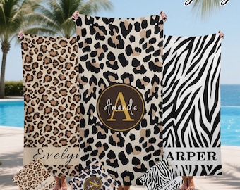Leopard Name Beach Towel,Beach Towel,Leopard Beach Trip Gift,Family Vacation towels,Personalized Bachelorette Party Gift