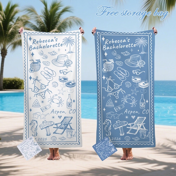Personalized Bachelorette Beach Towel,Custom Bride Name Beach Towel,Date&Location Bridal Party Favor,Girl Trip Pool Towel,Bach Weekend Gift.