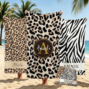 Custom Leopard Name BeachTowel,Personalized Animal Print Pool Towel,Summer Vacation Beach Accessory,Family Beach Trip Gift,Bride Tribe Towel