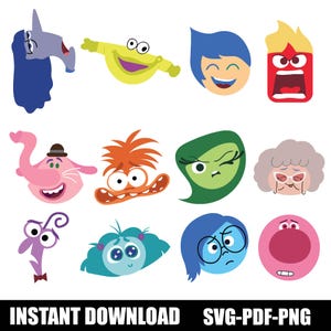 Paquete SVG de caras de Inside Out, dibujos animados de emociones de amigos, nuevos personajes de Inside Out 2, ansiedad, aburrimiento, tristeza, ira, descarga instantánea.
