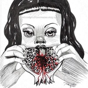 May include: A black and white ink drawing of a person with dark hair eating a split pomegranate. The fruit interior is detailed with black seeds and red accents. The text whimsyturtlecreates.etsy.com is visible near the top, and a signature is at the bottom right.