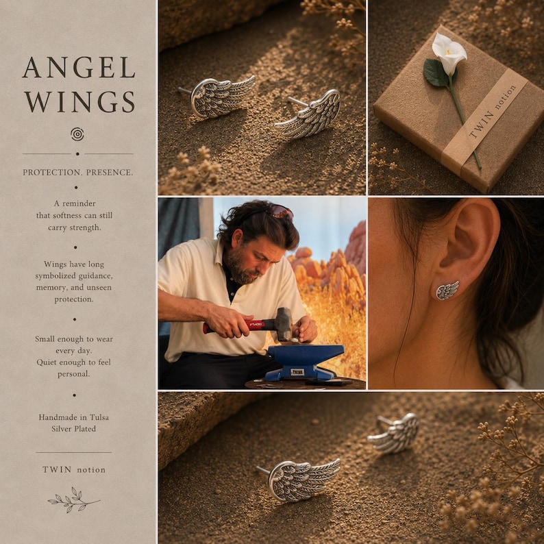 May include: Silver-plated angel wing earrings. The image shows the earrings on a sandy surface, with a close-up of the earrings on an ear. The earrings are also shown in a box with a flower. The text in the image says "ANGEL WINGS".