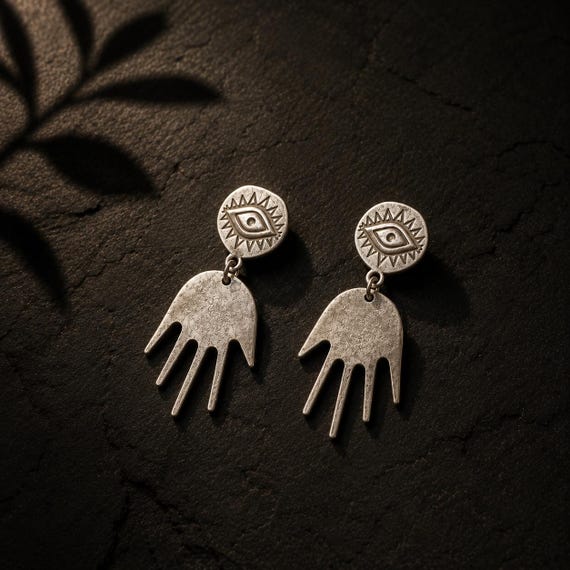 Evil Eye Hand Dangle Earrings | Silver Talisman Jewelry, Hamsa Inspired
