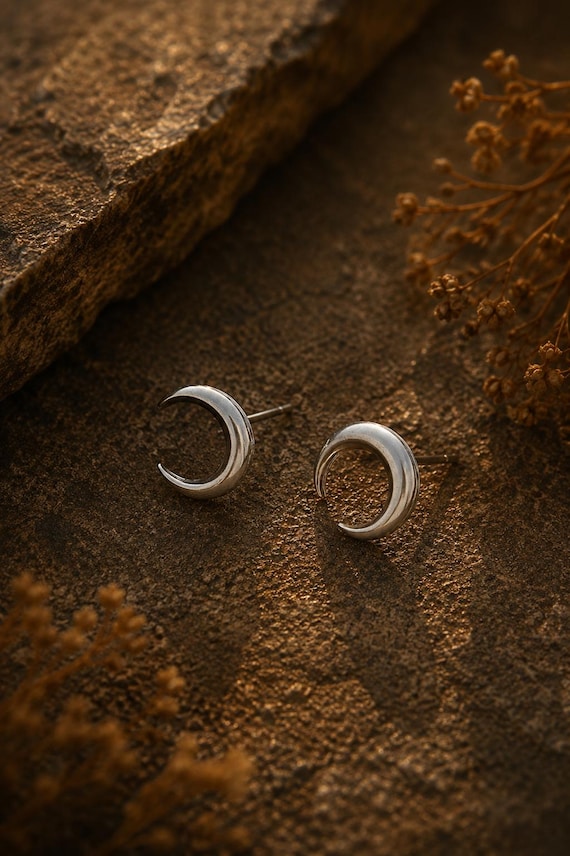 Silver Plated Crescent Moon Stud Earrings | Minimalist Celestial Lunar Studs
