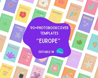 Más de 90 plantillas para fotolibros de viajes, Europa, portadas para fotolibros de viajes, plantillas editables para portadas de libros de viajes, plantilla de Canva