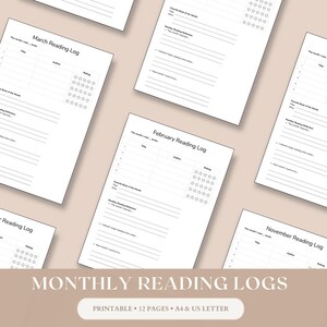 Op de afbeelding: Verschillende witte, afdrukbare maandelijkse leeslogboeken op een beige achtergrond. Elke log bevat secties voor titel, auteur en beoordeling. De tekst "MONTHLY READING LOGS" staat onderaan, met "PRINTABLE • 12 PAGES • A4 & US LETTER."