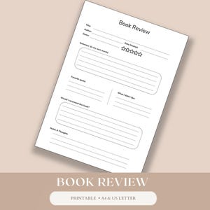 Op de afbeelding: Een witte, bedrukbare boekrecensiepagina met zwarte tekst. De pagina bevat secties voor titel, auteur, genre, samenvatting, favoriete citaat en notities. De onderkant van de pagina luidt "BOOK REVIEW" en "PRINTABLE • A4 & US LETTER."