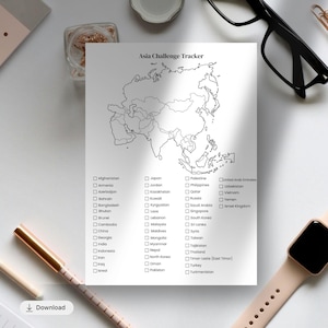 Asia Travel Challenge Tracker | Checklista med 50 länder och färgläggningskarta | Utskrivbar i A4- och A5-format | Karta över mina behov | Ladda ner PDF direkt