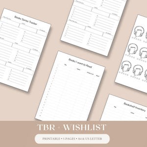 Op de afbeelding: Een verzameling witte, afdrukbare boekenvolgers en lijsten. Bevat een serietracker, een lijst "Boeken die ik wil lezen" en een boekenplankinventaris. De tekst "TBR + WISHLIST" wordt weergegeven, samen met "PRINTABLE • 5 PAGES • A4 & US LETTER".