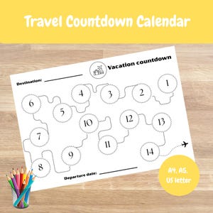 Calendário de contagem regressiva para férias para imprimir | Gráfico de contagem regressiva para viagens em tamanhos A4, carta EUA e A5 | Rastreador de férias de 14 dias | Download instantâneo