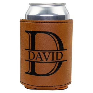 Personalized Faux Leather Can Cooler: Engraved Groomsmen Gift