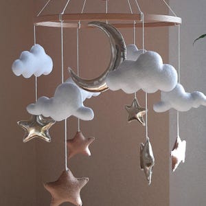 Moon Stars Clouds Crib Mobile, Celestial Nursery Decor, Neutral Baby Mobile, Pregnancy Gift, Gift for Newborn Baby Boy Girl