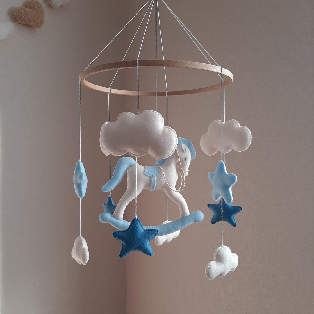 Handmade Felt Rocking Horse Crib Mobile, Blue Stars Clouds Nursery ...