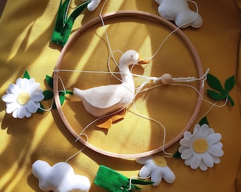 Goose Baby Mobile, Cottagecore Nursery, Daisy Crib Decor, Whimsical Felt Art Inspired by Nature,  Baby Shower Gift