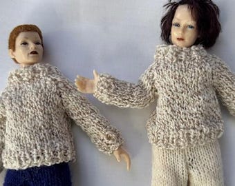 Tiny tweed miniature sweater jumper in fine yarn, in 12th scale for the dolls house