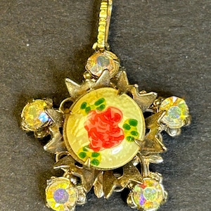Vintage Antique Enamel rose and rhinestone pendant