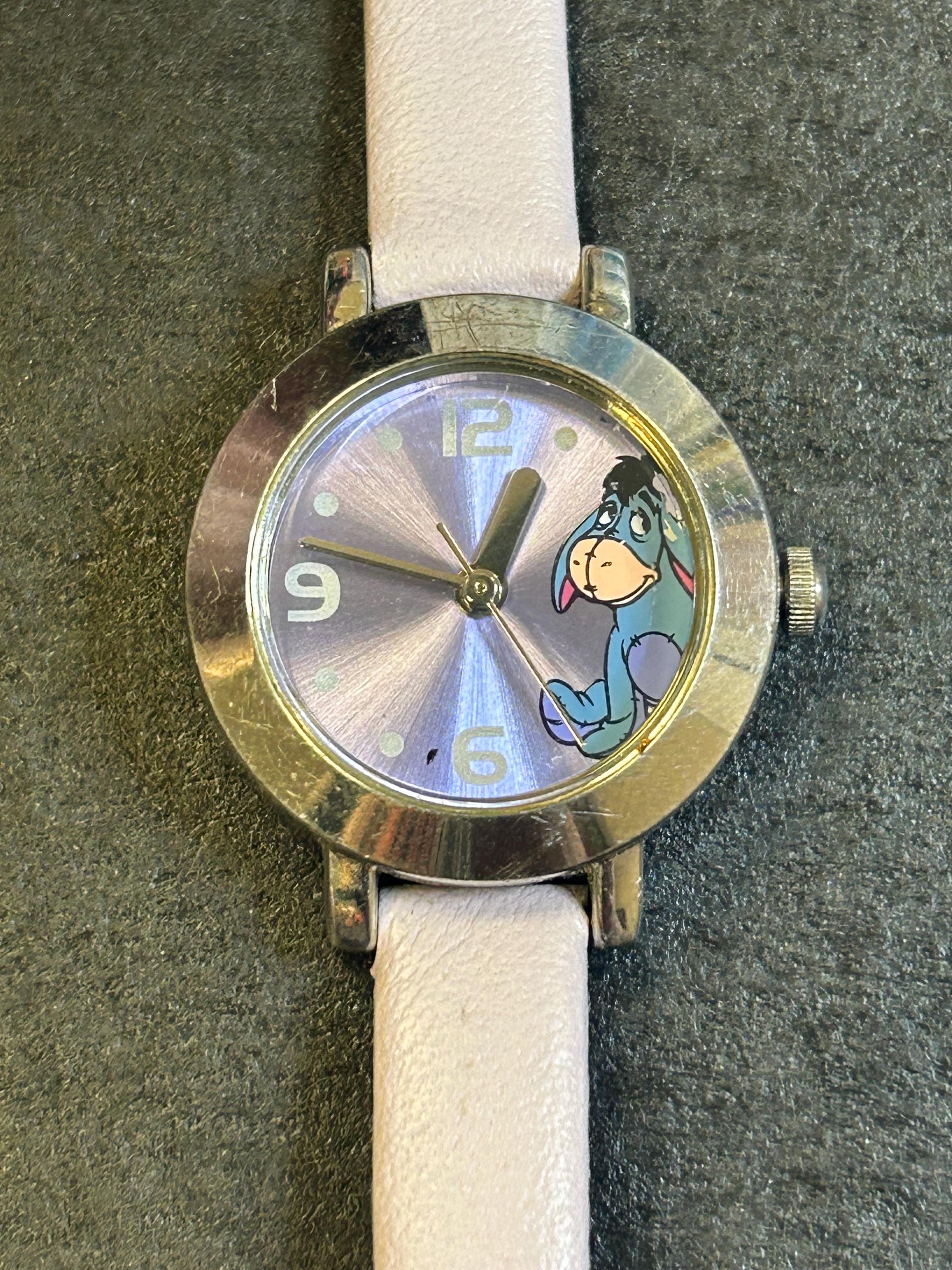 Disney Pooh Eeyore Watch 1990s Silver and Gold Tone Vintage ~ 260402-WH 1063 Eeyore Watch Wristwatch Brown Strap 1990 main image 3
