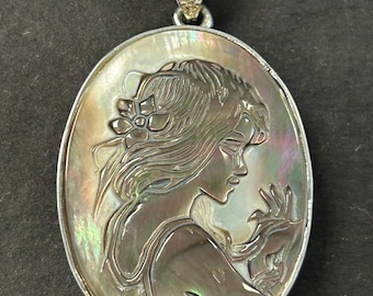 Vintage Carved Abalone and Sterling Silver .925 Cameo Pendant