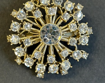 Broche Art Déco Ancienne Années 50 - Strass Vert Et Orange, Forme étoile, Sans Marque