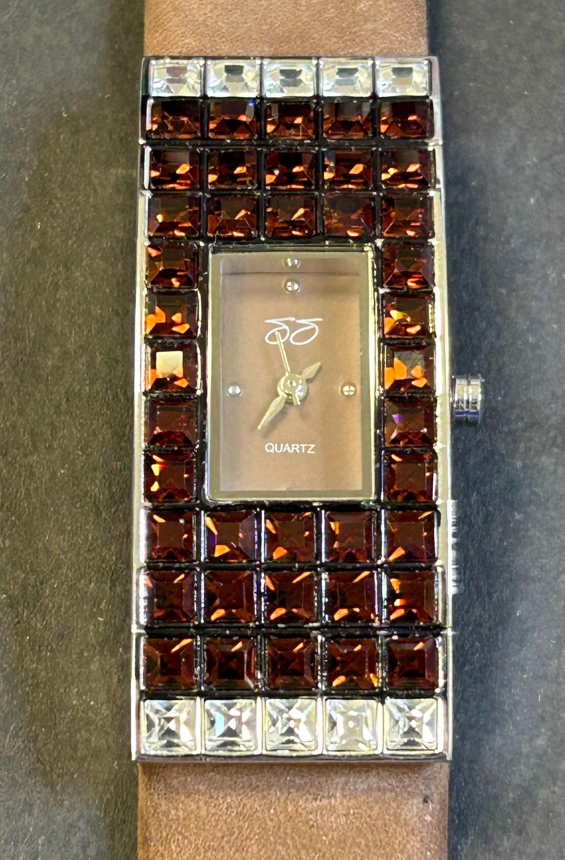 Suzanne Somers Vintage crystal leather watch brown black purple bands HSN Rare Find Suzanne Somers Pad Lock Watch With Three Leather  main image 2
