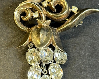 Broche Baguette Art Déco En Argent Sterling - Forme Grappe De Raisin Avec Strass - Occasion