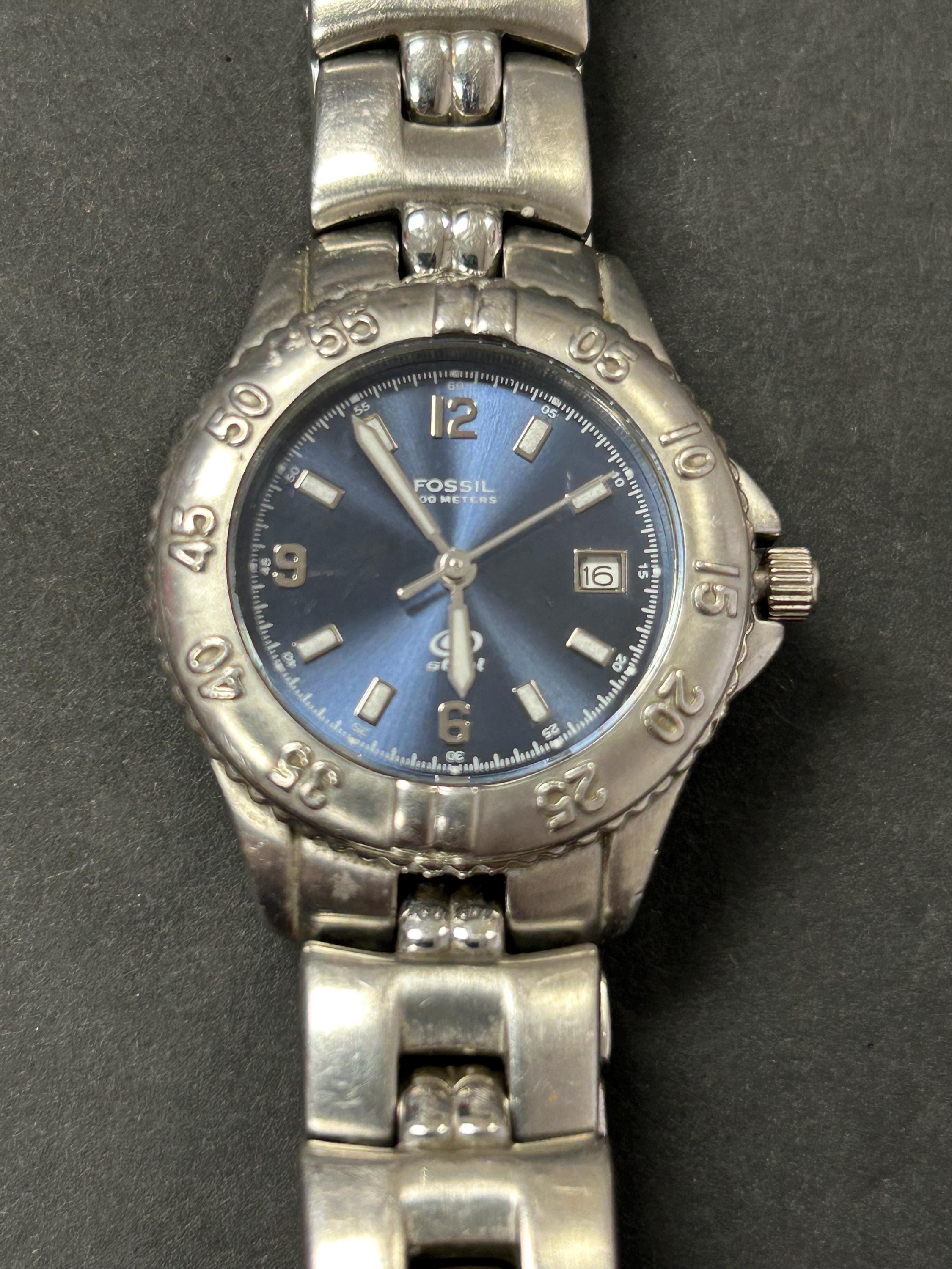 Vtg Fossil Blue Diver 100 Meter Chronograph Stainless Steel Two Tone Wrist Watch Fossil Blue 100 Meters Watch - Etsy main image 2