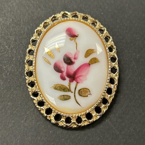 Vintage hand painted milk glass brooch
