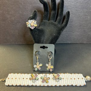 Handmade Beaded Flower bracelet, ring, and earring set