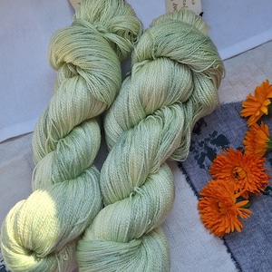 Pode incluir: Dois novelos de fio verde claro, 50% merino e 50% tencel, com um r&oacute;tulo que diz "50% merino 50% tencel 100g/3.5oz 77"