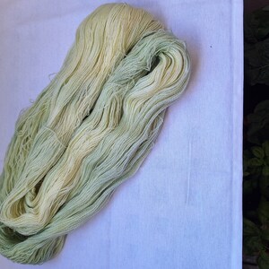 Pode incluir: Um novelo de fio em tons de verde e creme, com um aspecto macio e texturizado. O fio est&aacute; enrolado de forma solta e parece ser feito de fibras naturais.