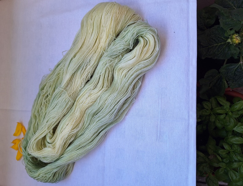 Pode incluir: Um novelo de fio em tons de verde e creme, com um aspecto macio e texturizado. O fio est&aacute; enrolado de forma solta e parece ser feito de fibras naturais.