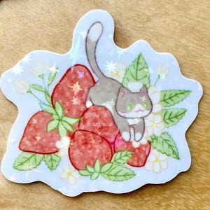 Stickers holographiques pour chats - Chats kawaii mignons et nourriture - Journal pour ordinateur portable, décoration pour téléphone - Stickers découpés en vinyle imperméable - Cadeau pour les amoureux des chats
